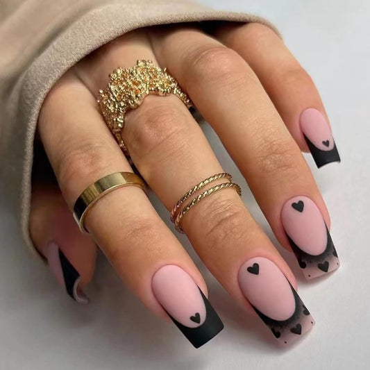 FIEONCIY Press on Nails Short Square Shaped Glossy Full Cover Acrylic Extra Short Square False Nails with Love Heart Designs Artificial Fake Nails Glue Stick ons Fingernails for Women Girls(X0210)