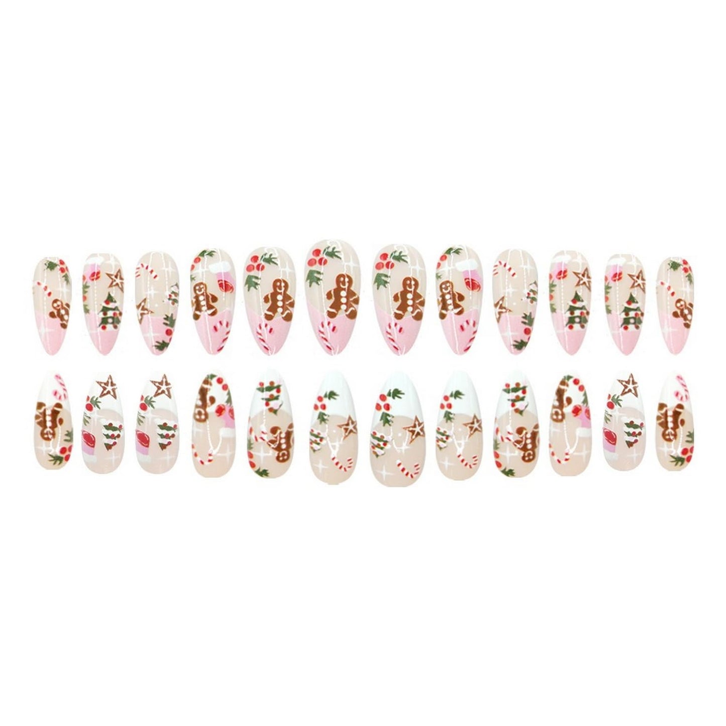 Christmas Press on Nails Medium Almond Fake Nails Glitter with Cute Gingerbread Man, Crutch, Christmas Tree, False Nails Design Full Cover French Acrylic Nail for Women DIY Manicure Decoration 24 Pcs