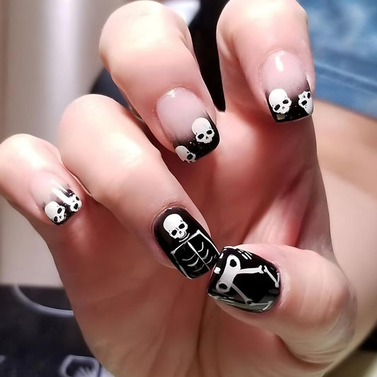 Halloween Press on Nails Short Square Fake Nails Glossy Full Cover Goth Nails with Skull Designs Halloween Acrylic Nails Press on Nails black Horror Nails for Women Girls Party 24pcs