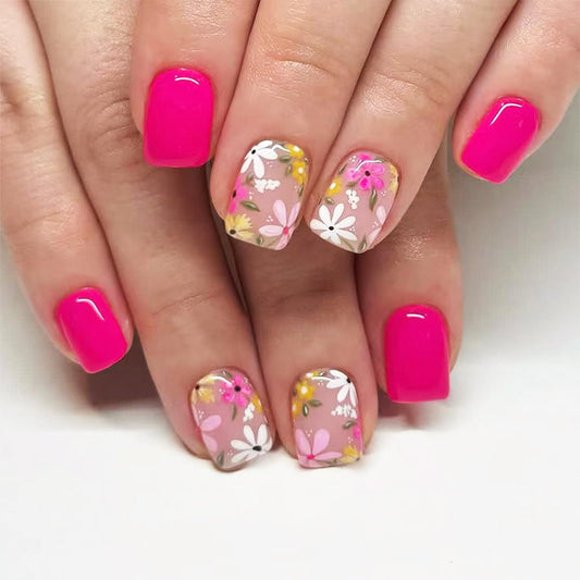 Flower Press on Nails with Summer Design Short Square False Nails Glossy Hot Pink Fake Nail Floral Full Cover Stick on Nail for Women Daily Party Wear Green Leaf Glue on Artificial Fingernails