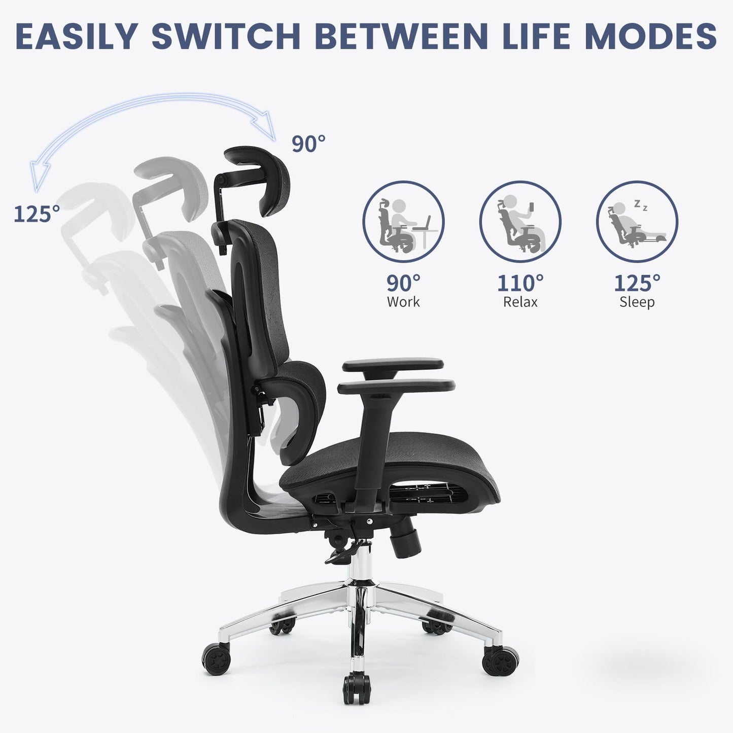 GarveeHome Ergonomic Office Chair, High Back Ergonomic Desk Chair with Adjustable Lumbar Support,Mesh Home Office Chair Gaming Chair,Up to 400 LB,Black