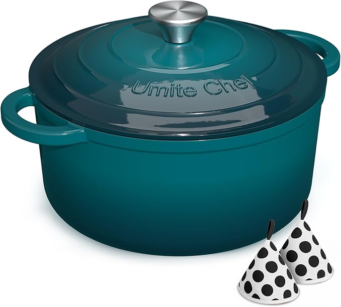 Umite Chef 7QT Enameled Cast Iron Dutch Oven with Lid & Cotton PotholdersâHeavy-Duty Cookware for Bread Baking, Braising, Stews, Marinate, Cook(Emerald)