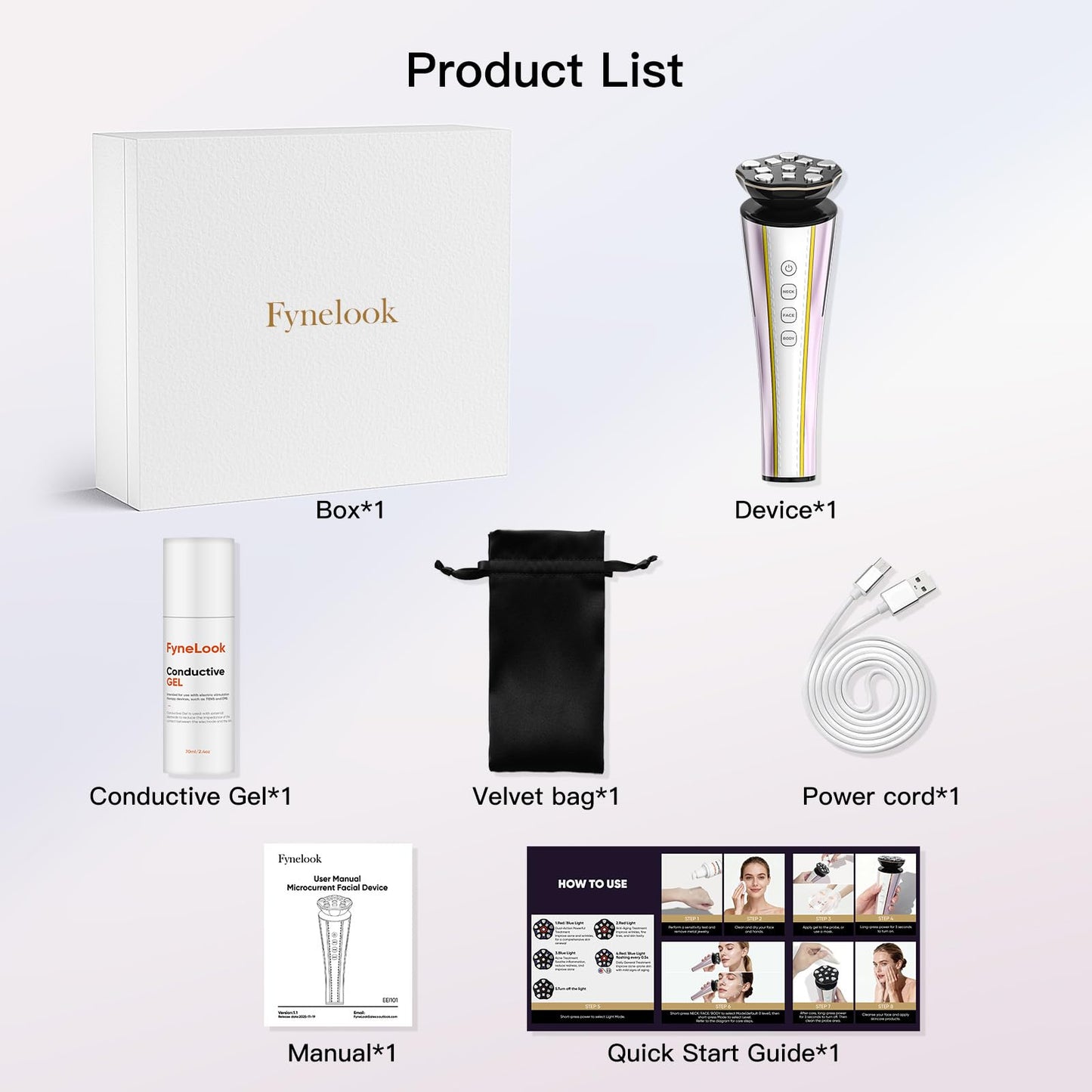 Fynelook Microcurrent Facial Device 4-in-1 Beauty Device with Red Light Therapy and Blue Light Therapy for Neck & Face & Body Skincare Facial Device FDA-Cleared