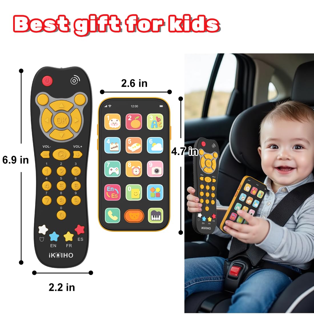 Baby Phone TV Remote Toy Set, Bilingual Play Phones Toy Remote for Baby with Music Light for 6+ Months, Early Learning Baby Toys Gift for 1 Year Old Boys Girls Toddler Infant, English/Spanish, Orange