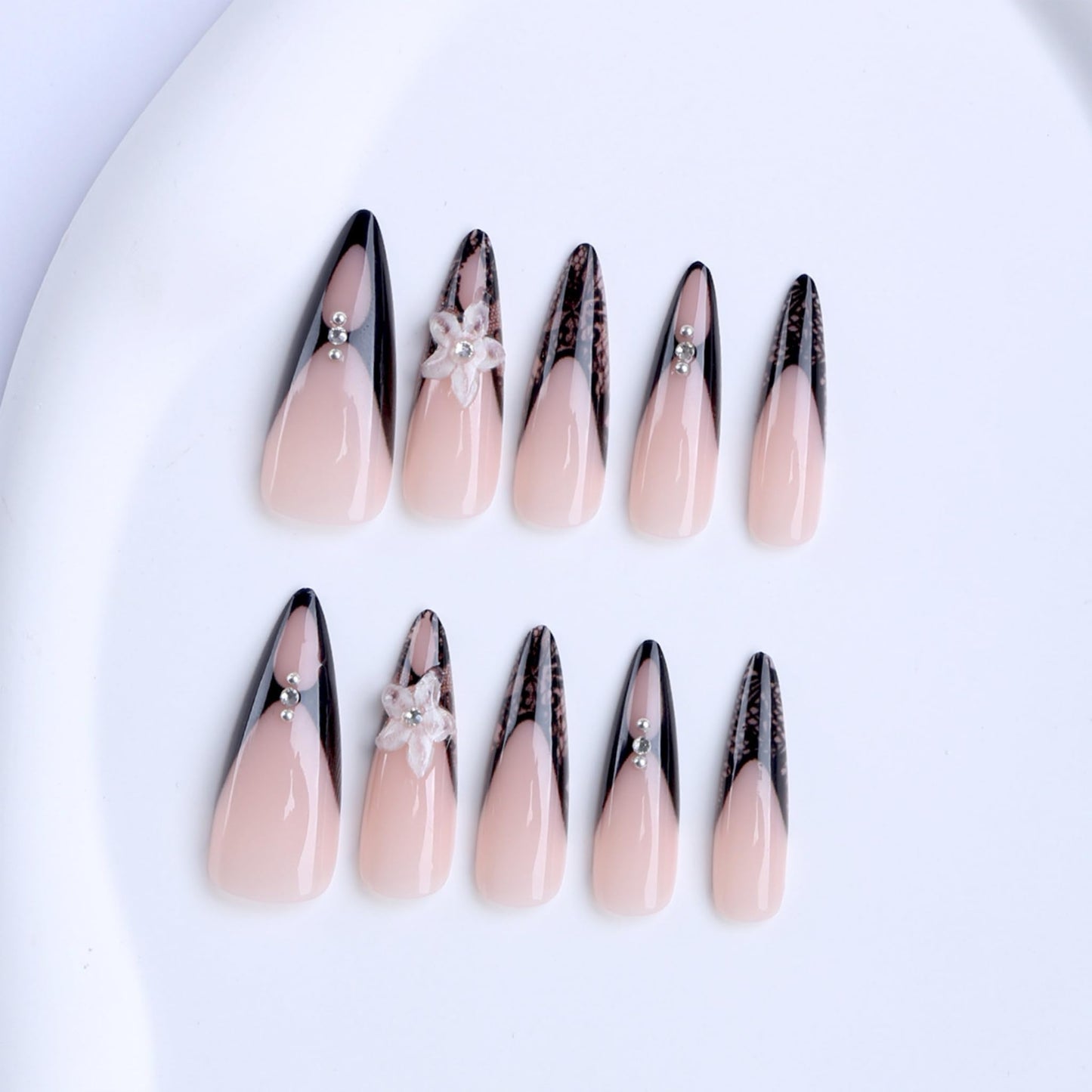 Long Press on Nails Almond Fake Nails Black Acrylic Nail Press Ons Seeneey Flowers Designs French Stick on Nail for Women 24pcs