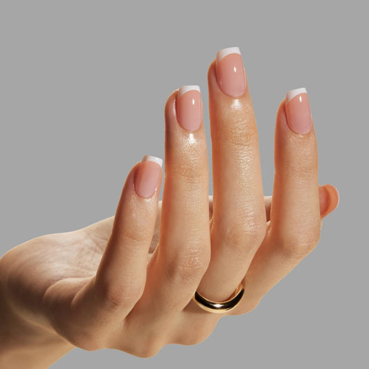 LAMIMOSA 32Pcs White French Tip Press on Nails Short Square – Soft Gel Fake Nails in 16 Sizes, Reusable Semi-Transparent Glue on Nails Kit, FRENCHY