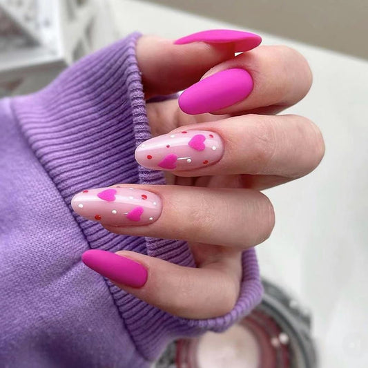 CTTHNBD Press on Nails Almond - Medium Fake Nails with Heart Design - Pink, Matte Full Cove Stick on False Nails for Women 24 Pcs