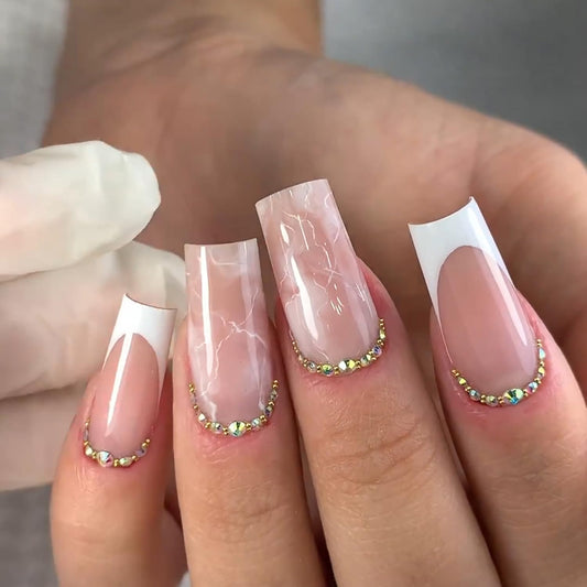 Vezocim French Artificial Fake Square Nails, 24Pcs Nude Press on Nails Medium Coffin with Rhinestone Designs, Glossy Full Cover Acrylic False Nail, Glue Fake Fingernails with Charm for Women