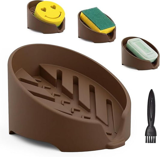 NiHome Silicone Sponge Holder Compatible with Scrub Daddy Mommy Sponges for Kitchen & Bathroom,Auto Draining Organizer,Holds Multiple Sponges & Cleaning Tools, Food-Grade,Dishwasher Safe(Coffee Brown)