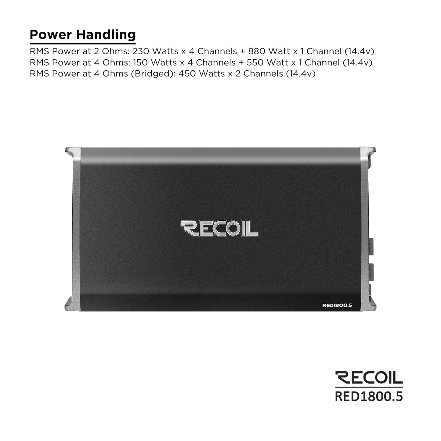 Recoil RED1800.5 1800 Watts Class-D Car Audio 5-Channel Amplifier, Mono 1 Ohm Stable, Remote Bass Knob Included
