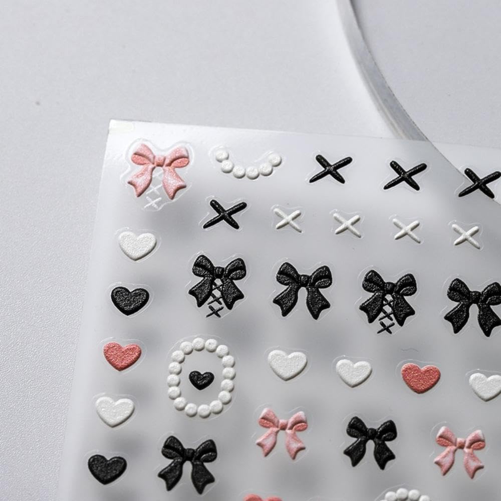 5D Embossed Black Bows Nail Stickers Pink White Heart Nail Art Stickers Ribbon Nail Decals Self-Adhesive Spring Nail Sticker Valentines Nails Supplies for Women Girls DIY Manicure