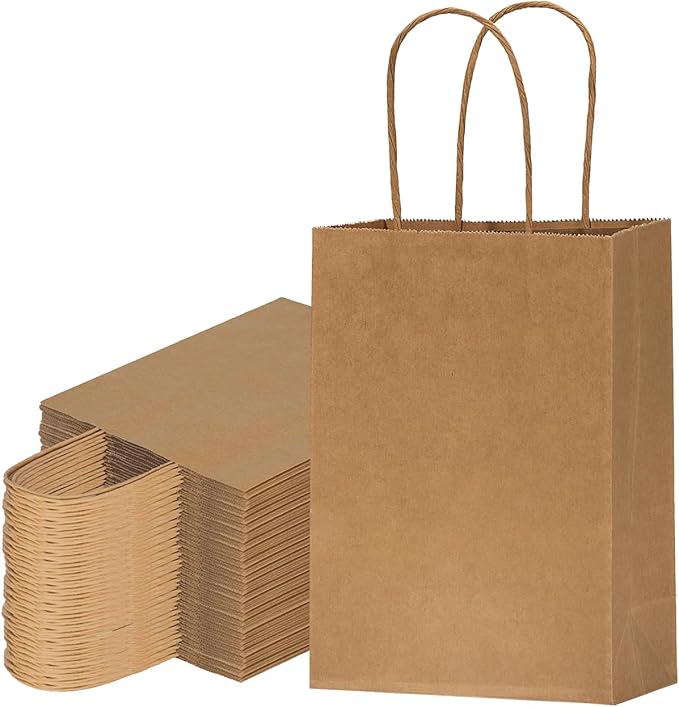 FACEBAG 100-Pack 5.25x3.25x8 Inches Small Gift Bags with Handles, Kraft Brown Paper Bags with handls bulk for Party Favorsï¼Birthday shopping & Retailï¼Reusable & Durable