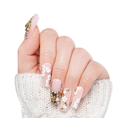 LOVFUL Reusable Press on Nails | Blush Bloom | Salon Quality Sustainable Style Handmade with Full Covered Crystals | Square Regular 1.0 in | H228-M