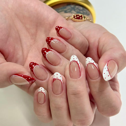 24Pcs Red French Polka Dot Press on Nails Medium Almond Fake Nails with Lace Designs White Tip Bow False Nail for Women Glossy Full Cover Stick on Nails Nude Pink Acrylic Nail Manicure Kit