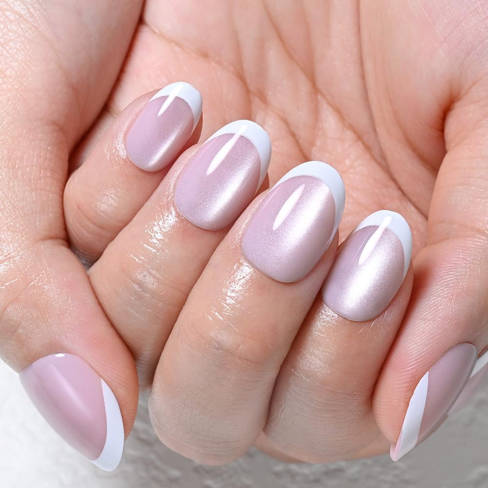 evpct Nude Pink Cat Eye French Tip Press on Nails Short Oval No Glue, White French Tip Short Oval Holographic Stick on Nails for Women, Reusable Full Cover Soft Press on Nail Perfectly with Design