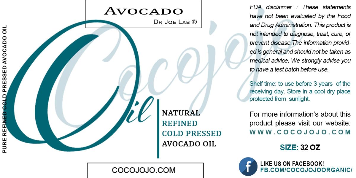 Dr Joe Lab Avocado Oil - Pure, Refined, Cold Pressed, Unscented, Non-GMO, Filtered, Carrier Oil - 32 oz - for Skin, Hair, Nails, Body, Face, Beard, Brow, DIY, Cosmetic Formulation