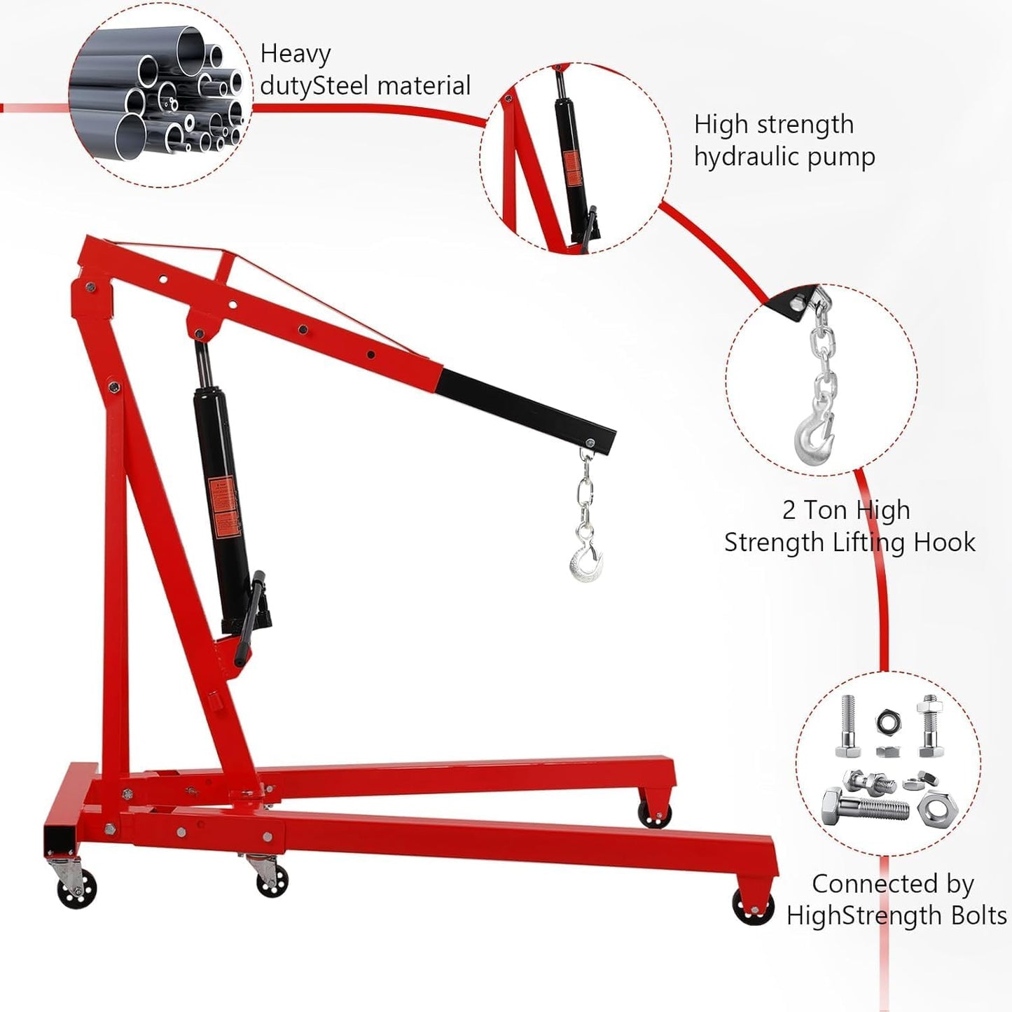MilleLoom 2 Ton Hydraulic Engine Hoist, 4400LBS Heavy Duty Cherry Picker Engine Hoist Lift with 6 Casters, Folding Crane Lifter with Telescopic Boom, for Workshop, Warehouse, Red