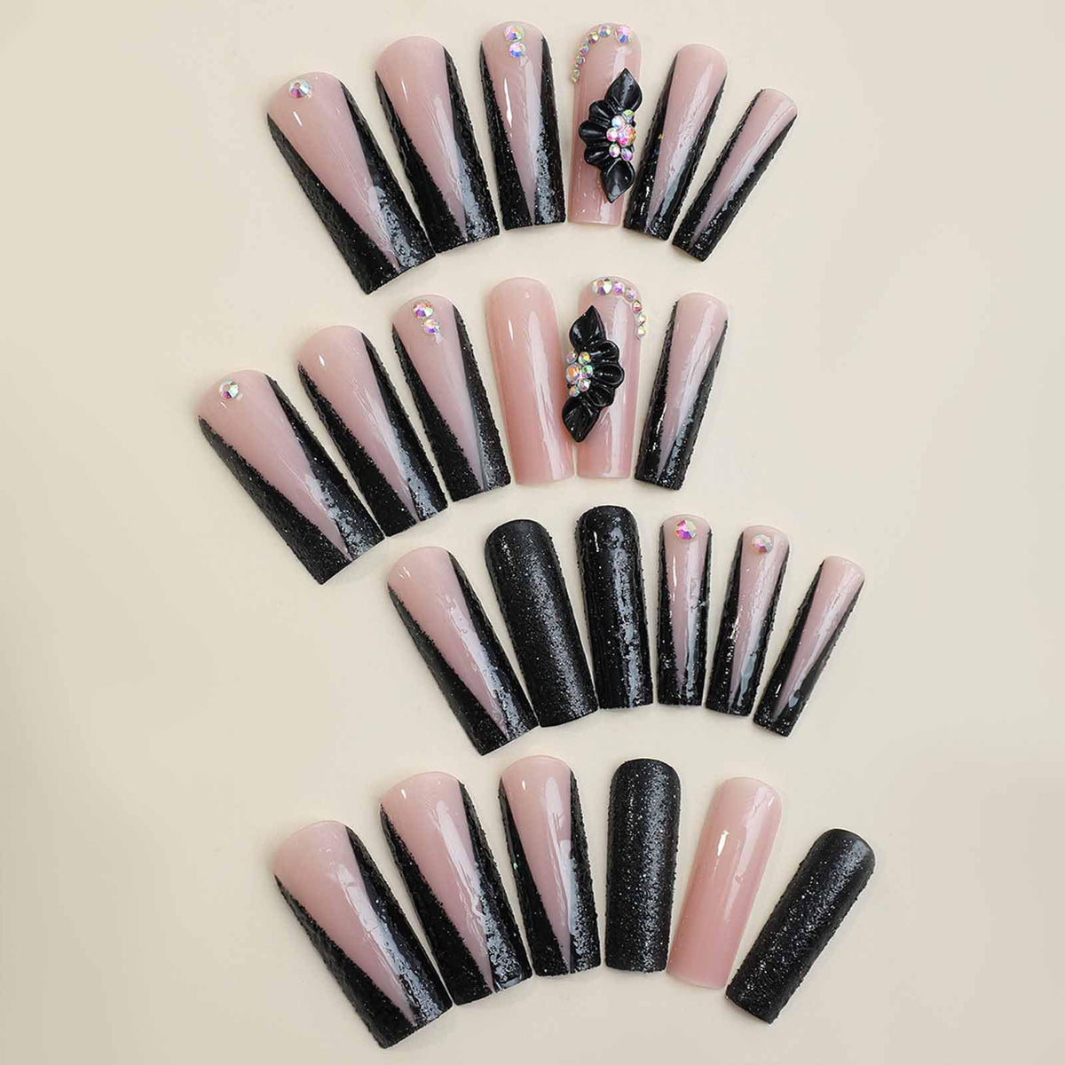 IMSOHOT Press on Nails Long Square Fake Nails Black French False Nail Tips Glossy Acrylic Full Cover Rhinestones Glitter Glue on Nails for Women 24Pcs