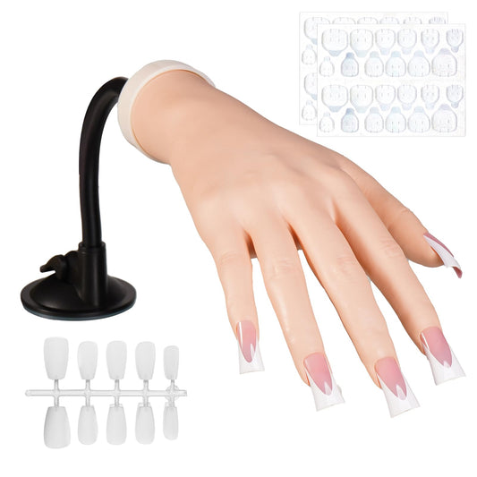 Naughtology Silicon Practice Hand for Acrylic Nails, Realistic Fake Hand with Stand, 40 Nail Tips and 48 Adhesive Tabs, Reusable & Flexible Mannequin Training Model for Manicure & Nail Art Practice