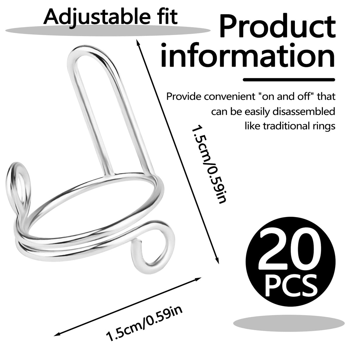 Bagentry 20 Pieces Detachable Nail Rings Silver, Adjustable Fingernail Rings for Women Girl Gift, Reusable No Glue Metal Nails for Fingers Art Decoration (Silver)