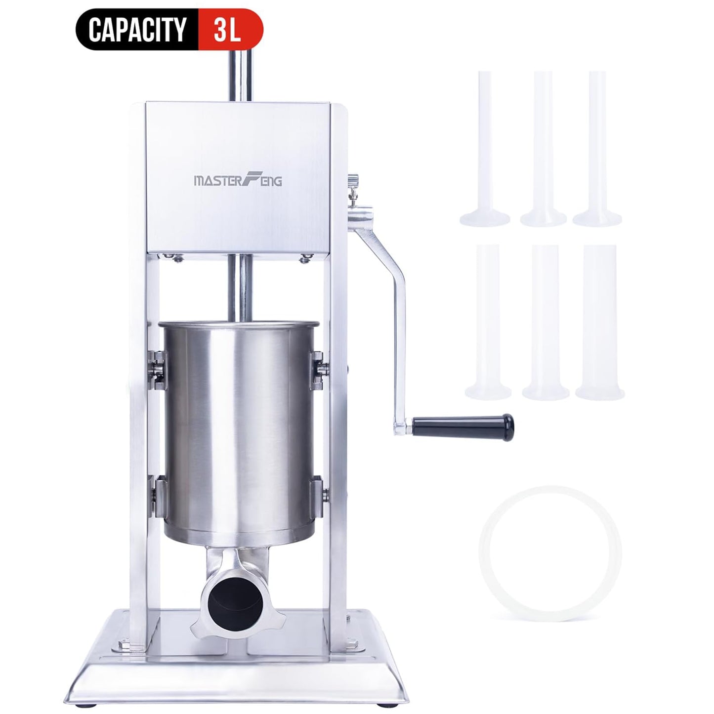MASTER FENG Stainless Steel Sausage Stuffer, Manual 3L Capacity, Homemade Vertical Sausage Maker Two Speed Meat Filling Machine