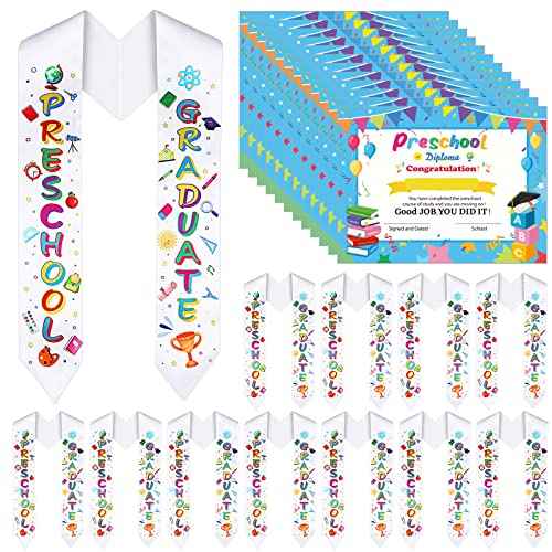 Sureio 24 Pieces Preschool Graduation Gifts Kids Graduation Stole with Preschool Diploma 12 Pcs Preschool Printed Graduation Sash and 12 Pcs Preschool Diploma Unisex Graduation Stole (Preschool)
