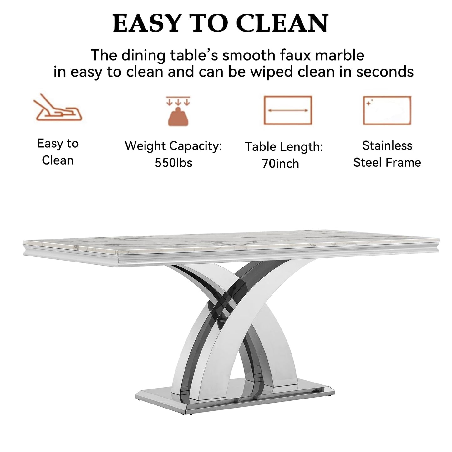 68" White Marble Dining Table Set for 6, Modern 7-Piece Faux Marble Kitchen Dining Room Table Set w/Steel X-Base & 6 Beige Velvet Dining Chairs, Luxury Silver Kitchen Table and Chairs Set of 6