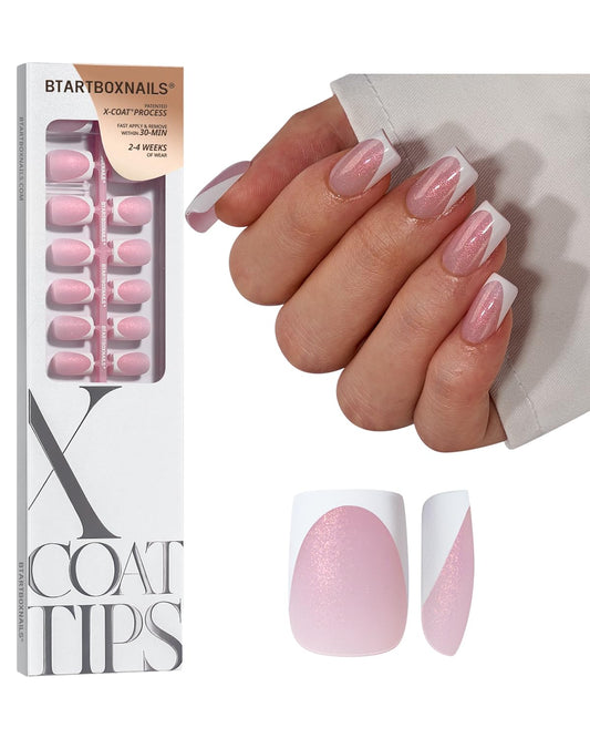 BTArtboxnails French Tip Press On Nails - Salon Quality Glitter Pink Short Square, 96 Pcs Soak Off Soft Gel Kit for Easy DIY at Home | Long Lasting Manicure with 16 Sizes (XCOATTIPS)