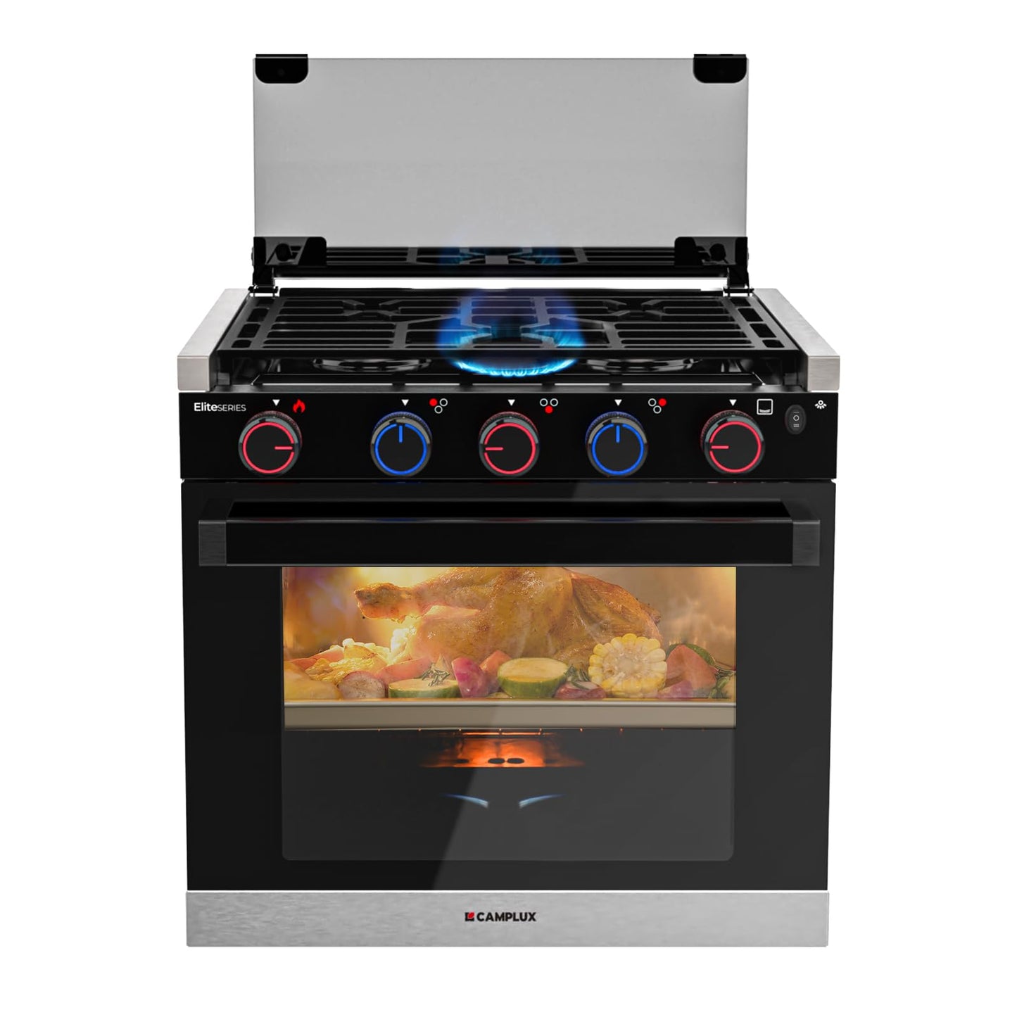CAMPLUX Elite 21-Inch RV Stove Oven Combo with Flame Failure Protection, 1.8 Cu.ft RV Propane Oven with 3 Burners Cooktop, 28,100 BTU, Slide-In RV Range Oven for Camper, Trailer, Black