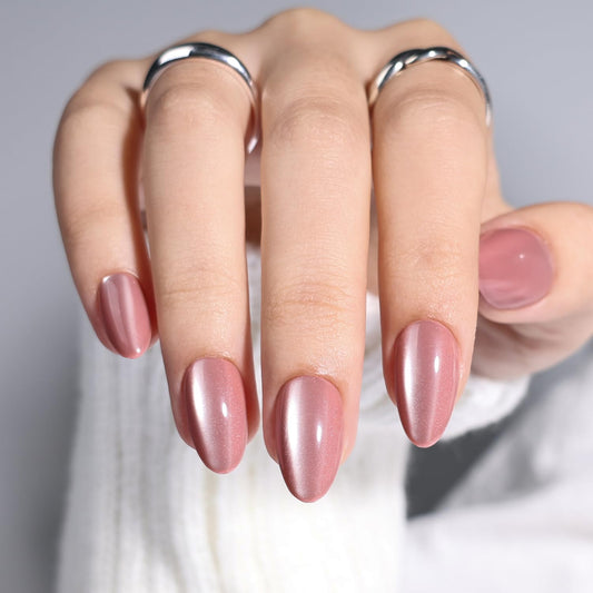 Leefrei Cat Eye Press On Nails - Glazed Pink Press On Nails Short Almond Nails Press Ons for Women Fake Nails with Glue, Glossy Reusable Glue on Nail in 16 Sizes - 32pcs, Blush Aurora