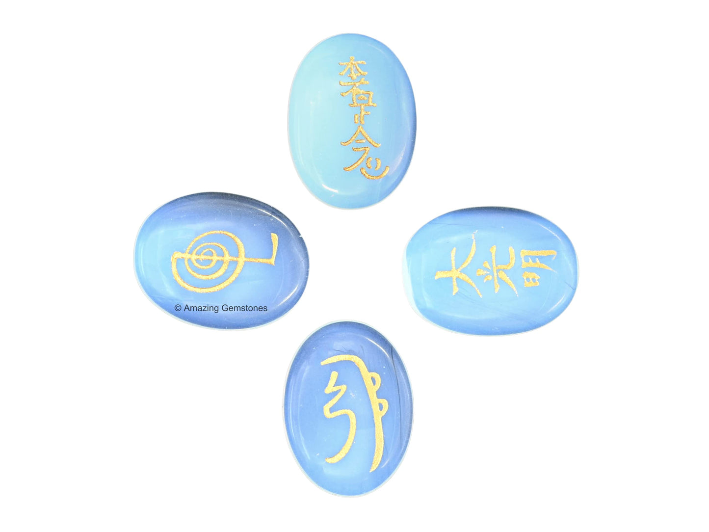 Amazing Gemstone Opalite Crystal Reiki Stones with Engraved Symbols for Usui Reiki Healing, Set of 4 Pcs (Indian Handmade Reiki Gift Set)
