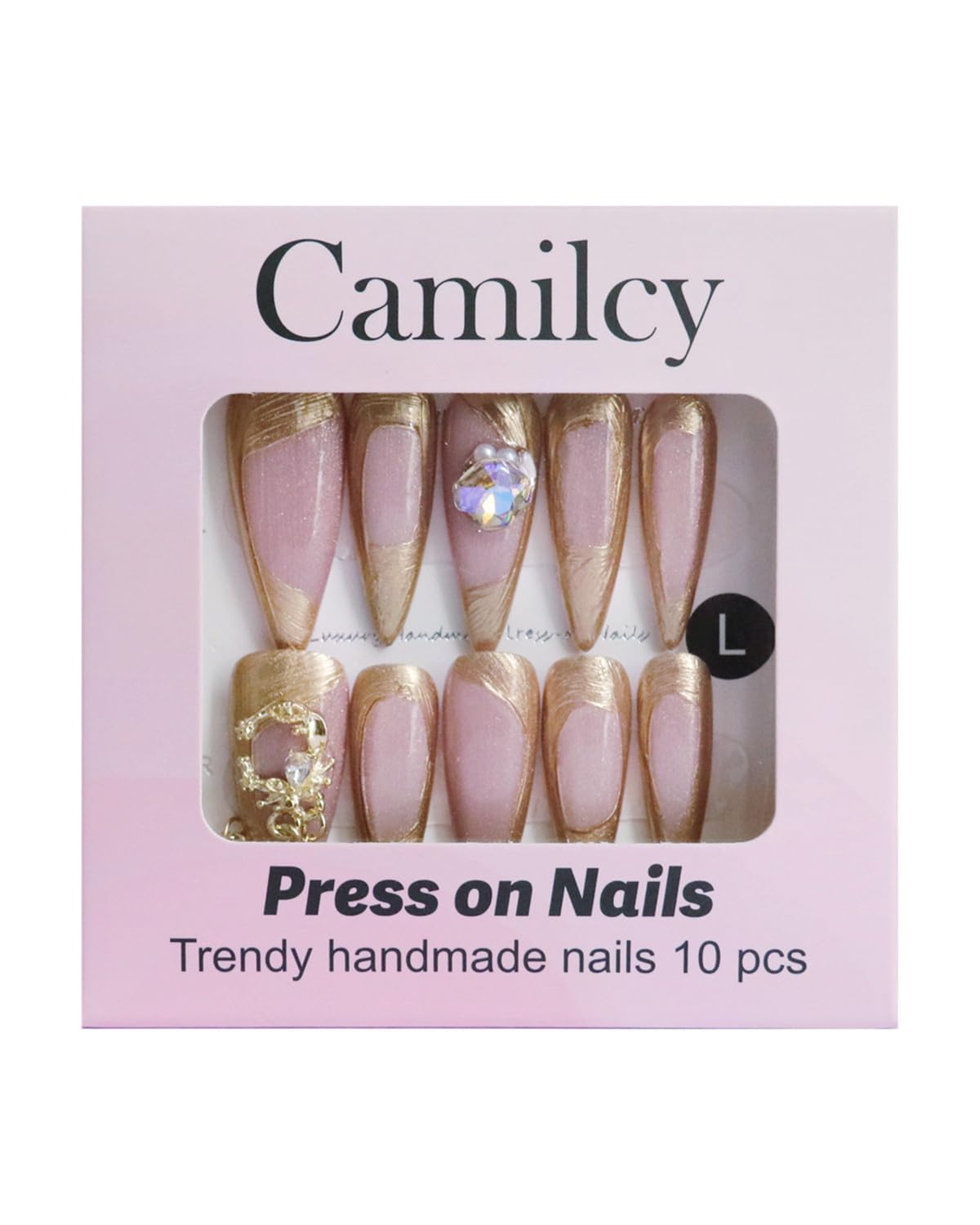 CAMILCY Press on Nails Handmade Nails Luxury Reusable Fake Nails For Girls long Almond Armor Tip Golden Pink Diamonds HandPainted Salon Loveful Design Acrylic GelUV Finished 3D Nails 10PCS (A003, M)