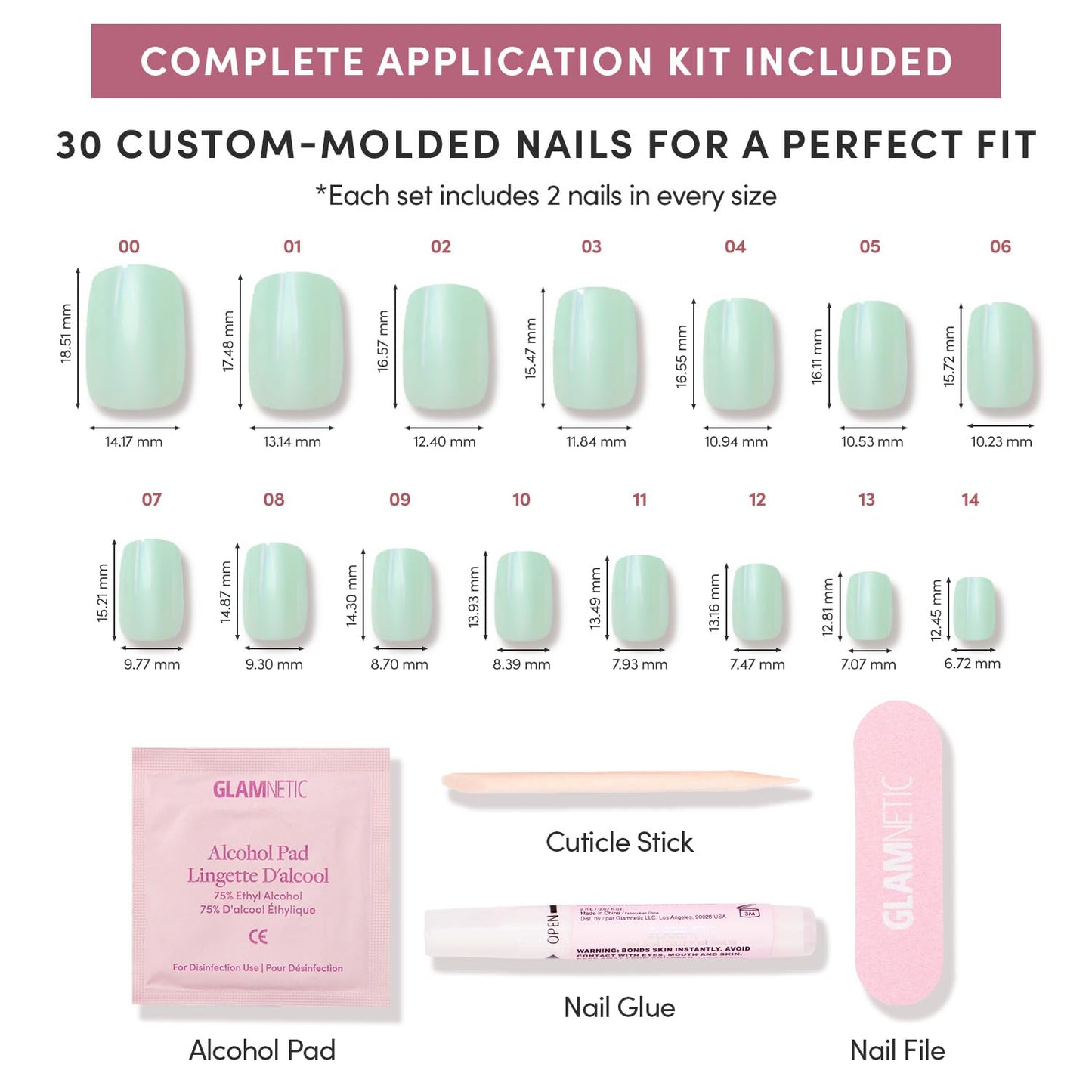 Glamnetic Press On Nails - Short Squoval Fake Nails, Mint Green Glazed Nails, Honeydewy | 15 Sizes - 30 Nail Kit with Glue