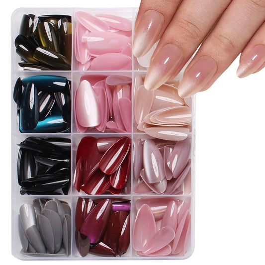 288Pcs Cat Eye Press on Nails Almond Shape 12 Color Glitter Fake Nails Medium, Sparkle Glass Nails Press on, Shiny Acrylic Glue on Nail Gradient Stick on Nail for Women Manicure