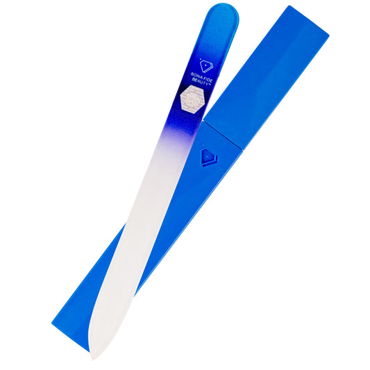 Bona Fide Beauty Glass Nail File with Case, Aqua Cobalt Czech Glass Fingernail Files Handcrafted from the EU. Ideal Nail Care Tool for Natural Nails.