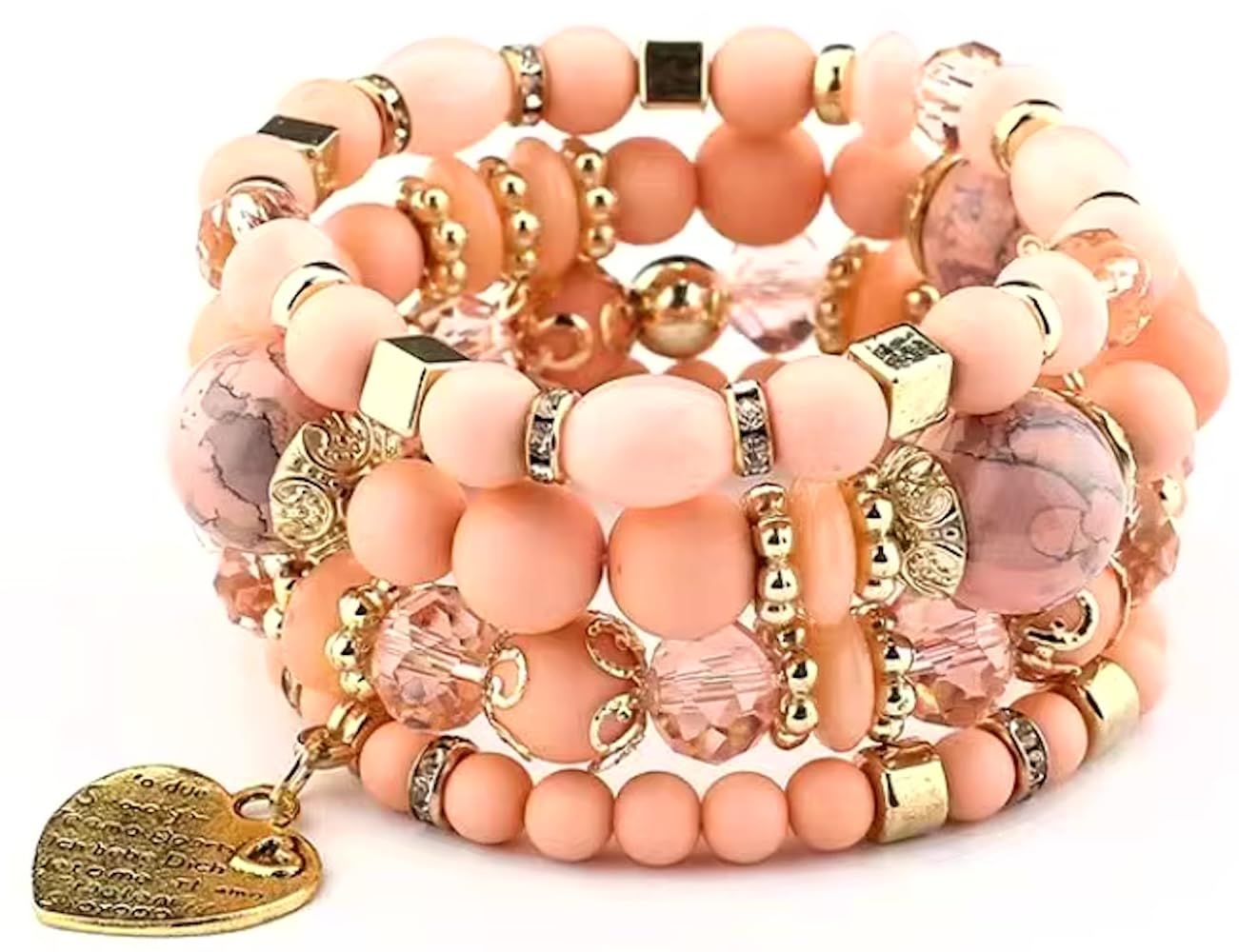 Women Beaded Bracelets, Multi-layer Peach Color Beaded Bracelet with gold charm Heart Bangles Set Gemstone Woven Female Jewelry Bracelet, Ideal for Festivals, Summer Parties, Beachwear, and Casual Outfits