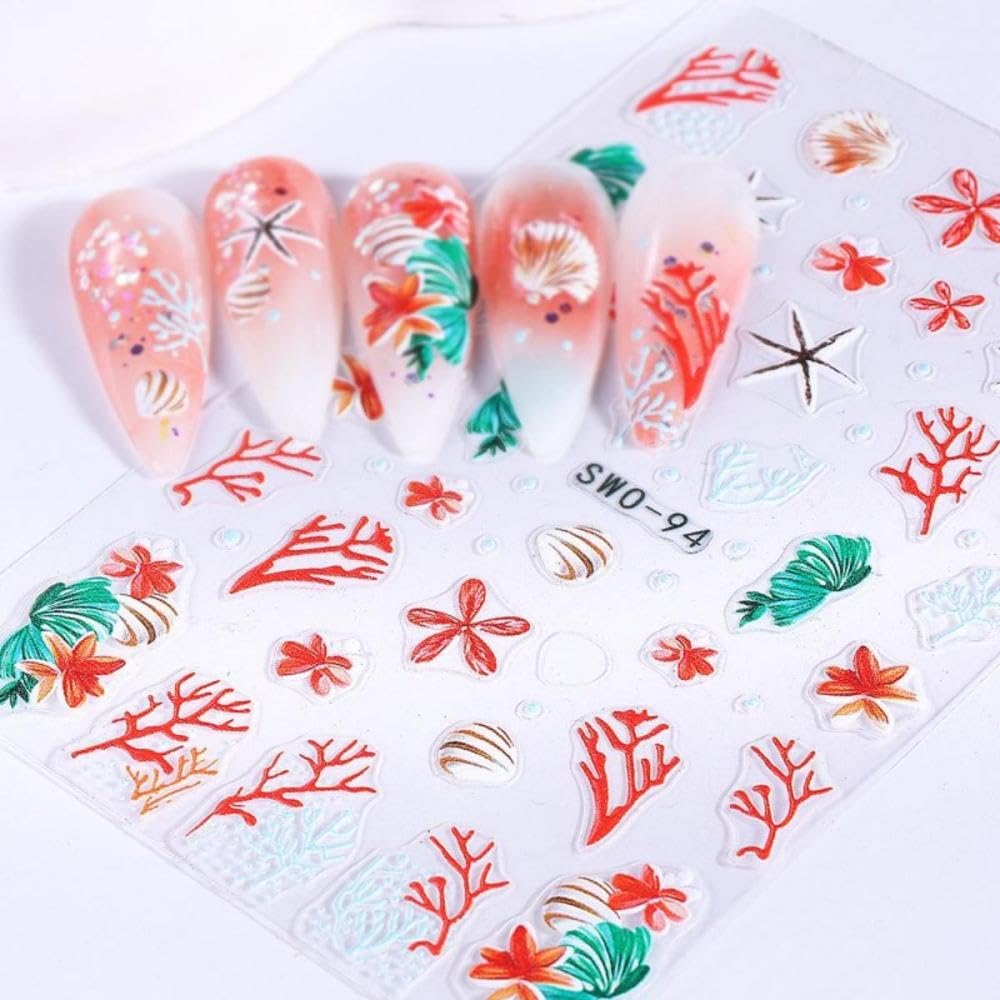Flower Nail Stickers 5D Embossed Pearl Ocean Nail Decals 3D Self-Adhesive Summer Nail Art Stickers Coral Nail Designs Butterfly Beach Nail Art Decoration for Women Girls DIY 4 Sheets