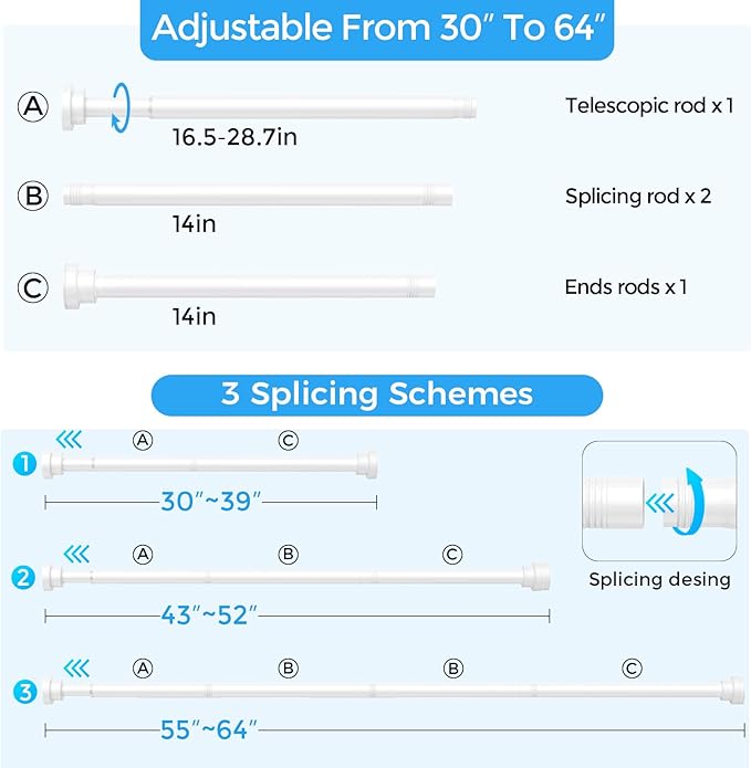 Shower Curtain Rod 31-63 Inch,0.87"Diameter Adjustable Spring Tension Curtain Rods No Drill,Ivory White Shower Tension Rod for Bathroom,Room Divider,Window,Anti-Rust Non-Slip 1-Pack
