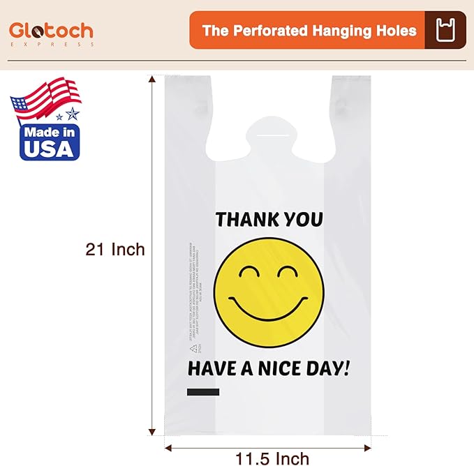 Glotoch 84000 (84K) Ct Plastic Thank You T-shirt Bags Smile Face, 11.5 x 6.5x 21" Have Nice Day Grocery Shopping Gift Bag with Handles for Restaurant, Retail, To go, Convenience Store, in Bulk Business