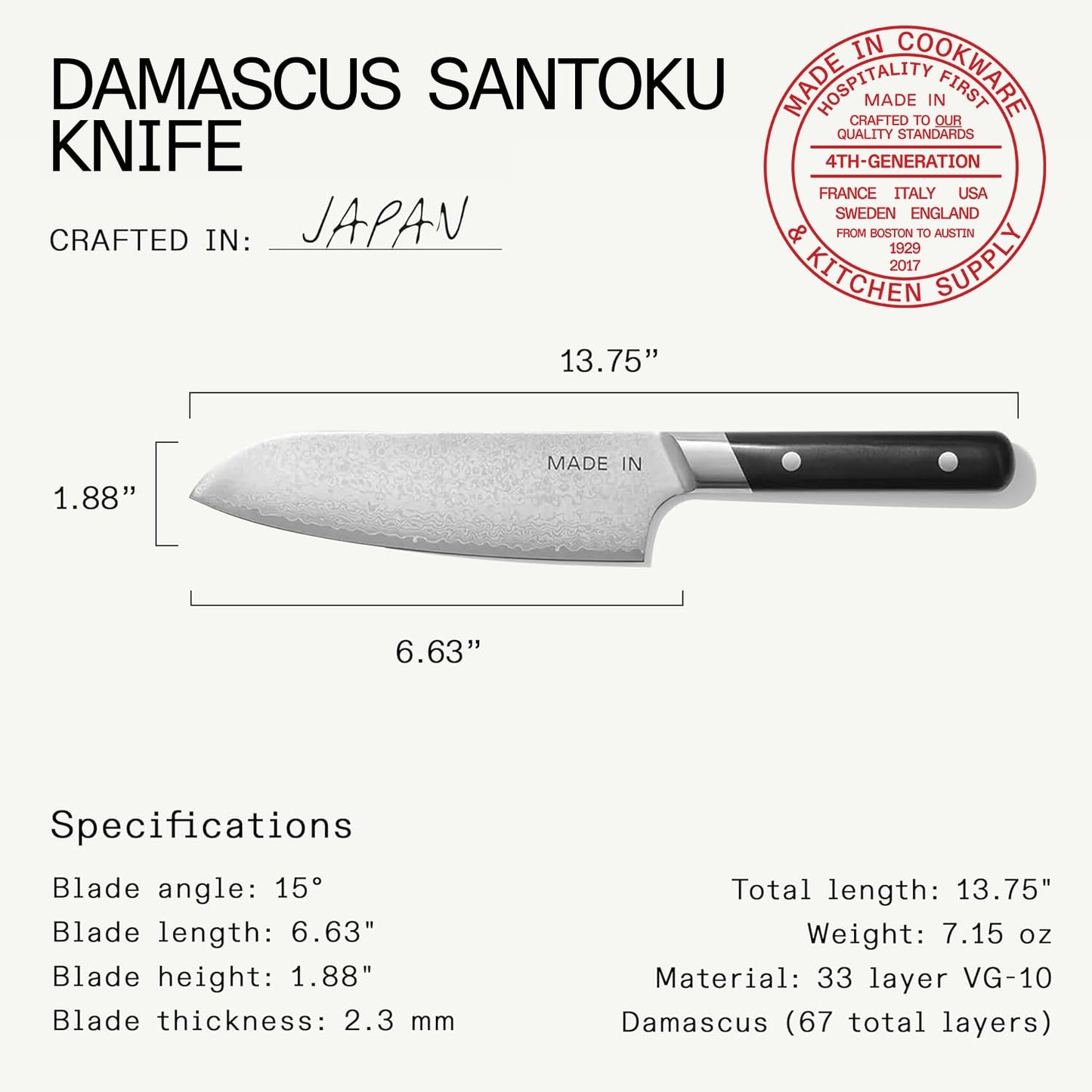 Made In Cookware | 6" Japanese Damascus Steel Santoku Knife | 66 Layers of Damascus Steel with a VG-10 Core | Crafted in Japan | Full Tang With Black POM Handle