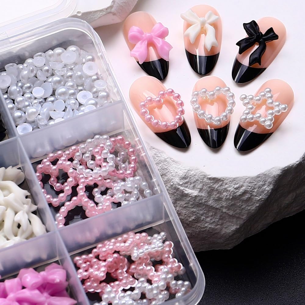 Bow Nail Charms 3D Resin Pink White Black Nail Gems Cute Silver Pearl Beads Nail Jewels Shiny Star Hearts Bowknot Nail Art Supplies for Women DIY Acrylic Nail with Tweezers 12 Grids 1 Box 12 Styles