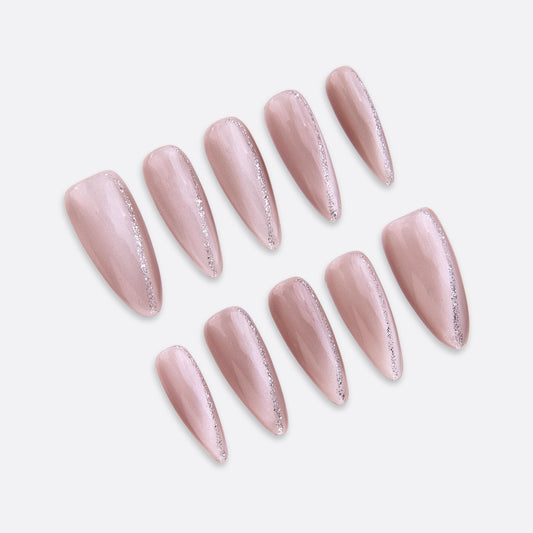 SIYOU Beauty | Shooting Star Sky | Pink Glitter Long Almond Press On Nails for Women (Small) - Reusable, Salon-Quality Fake Nails (10pc)