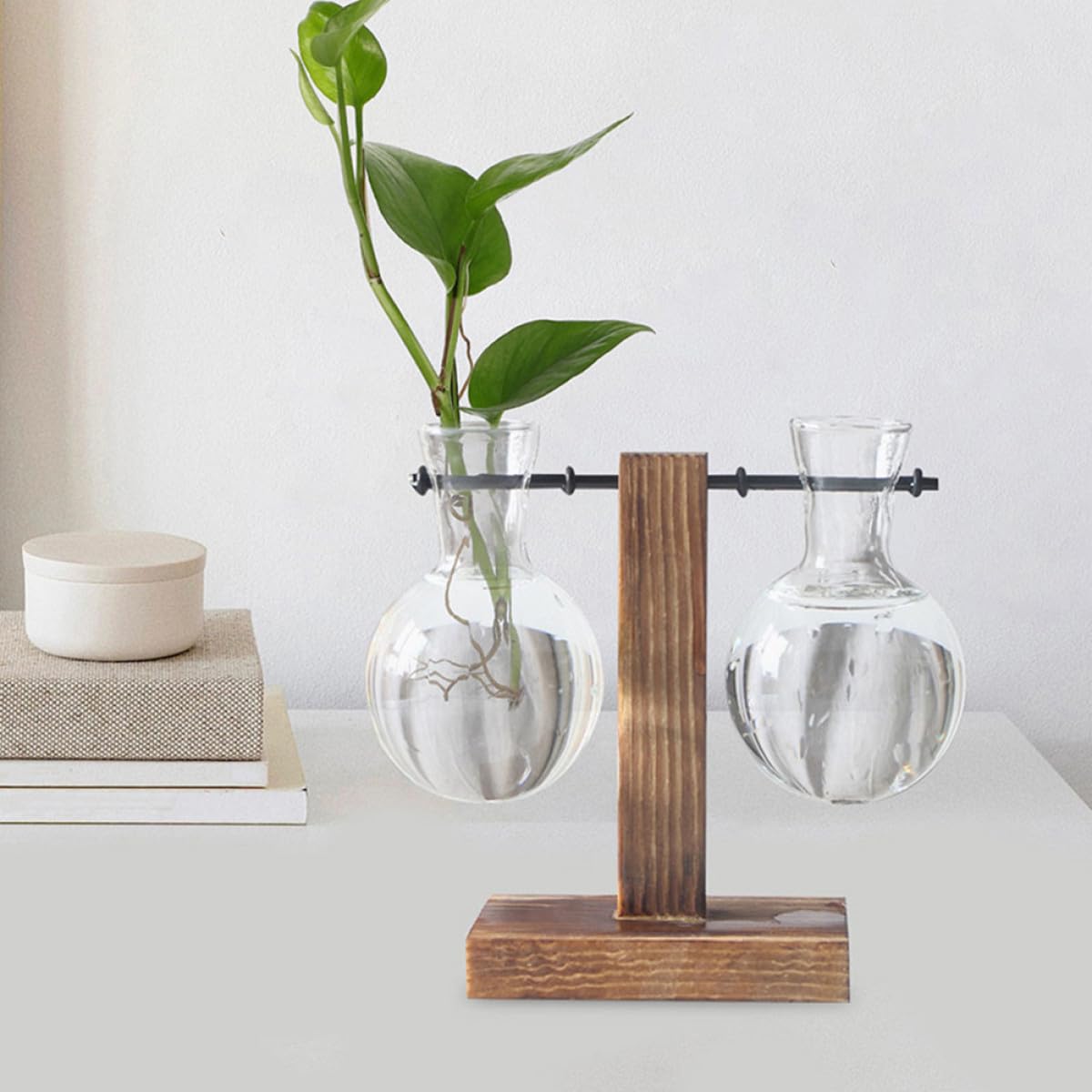 JEWEDECO Glass Flower Vase with Wooden Stand 3pcs High Borosilicate Glass Propagation Station Desktop Planter for Hydroponic Plants and Terrarium Home Décor