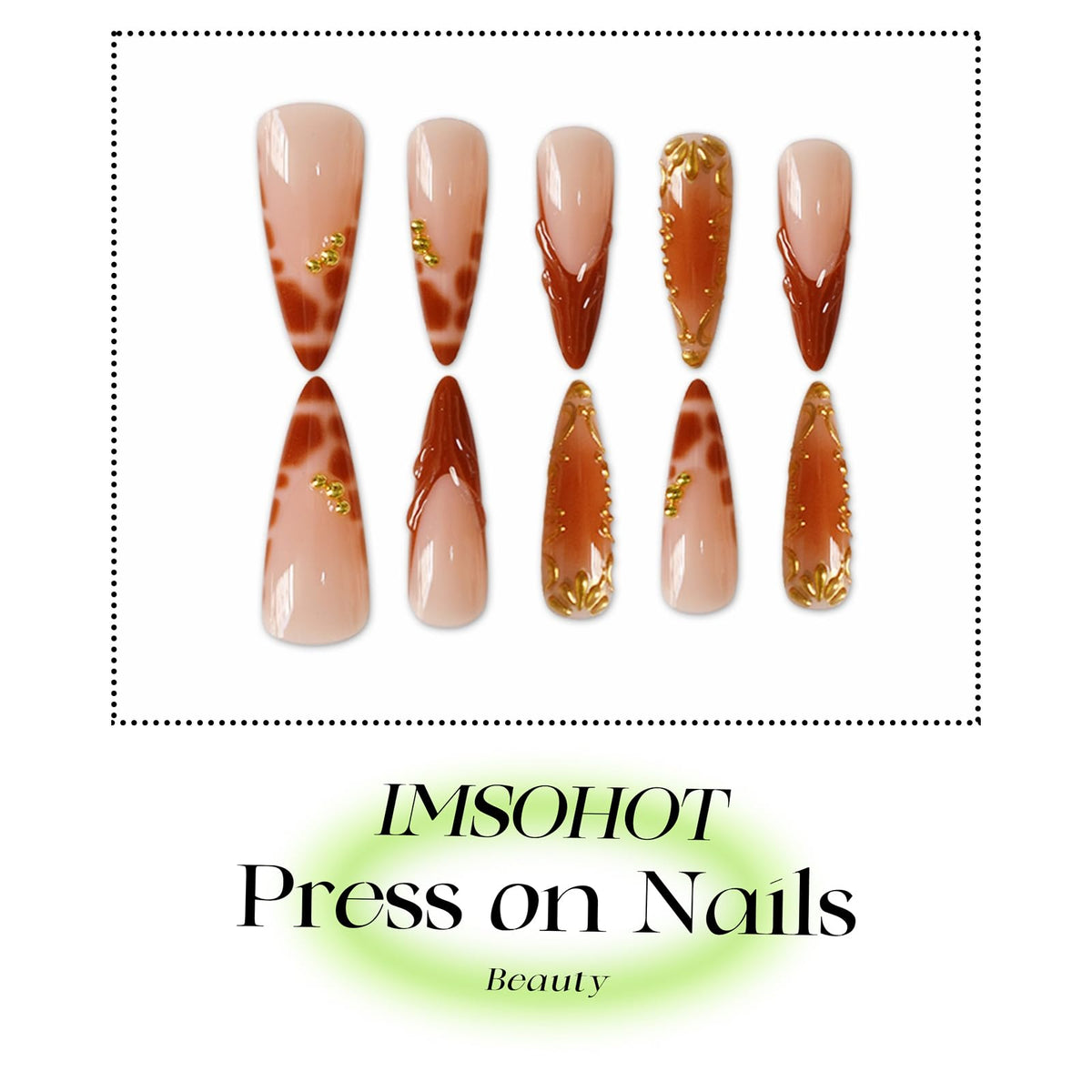 IMSOHOT Press on Nails Long Stiletto Fake Nails Brown Crocodile Print French Tips False Nails with 3D Chrome Gold Pattern Designs Glossy Acrylic Handmade Glue on Nails 24Pcs