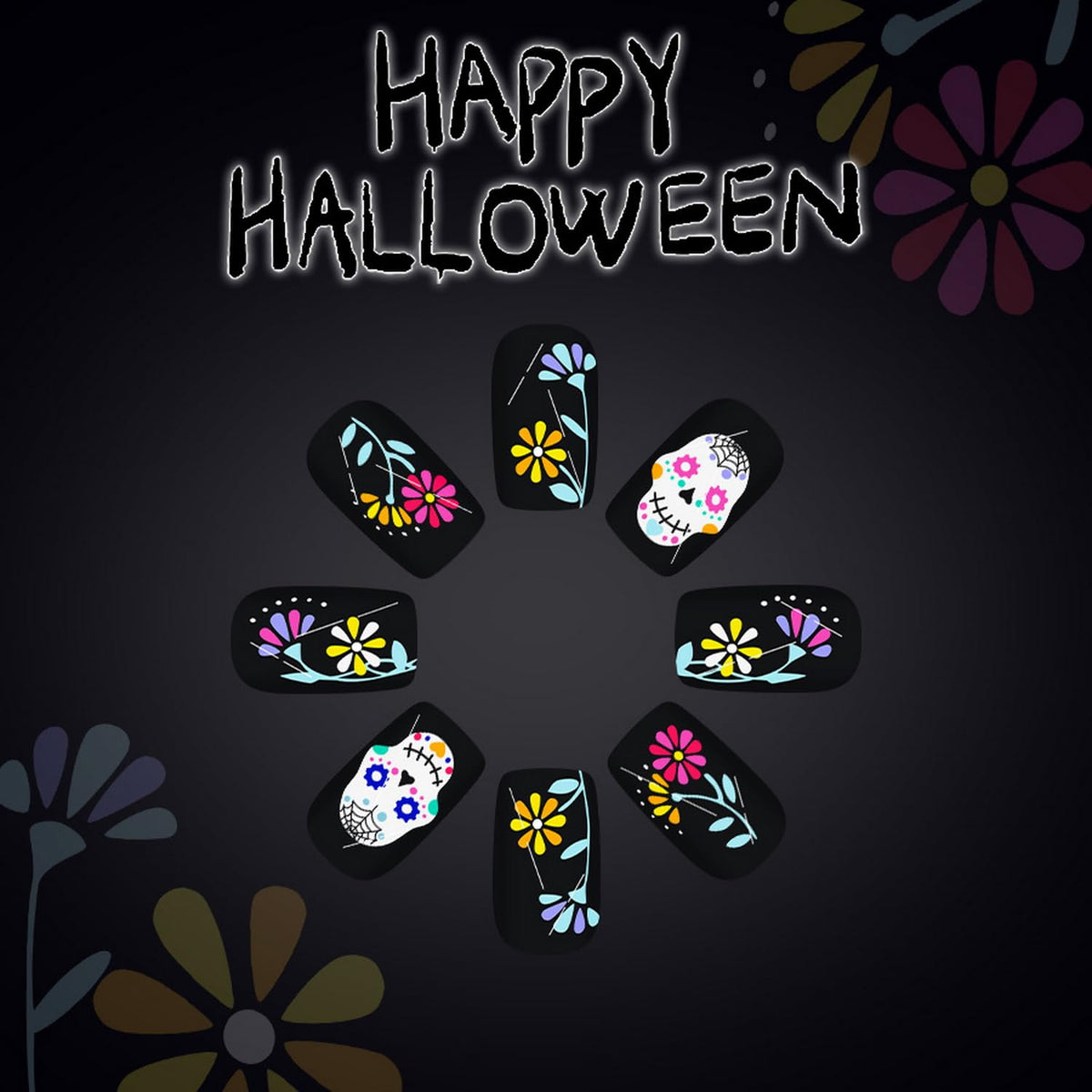 Skull Day of the Dead Press on Nails Black Fake Nails Short Square False Nails with Flower designs Acrylic Nails Full Cover Horror Stick on Nails Halloween Glue on Nails for Women Manicure24pcs