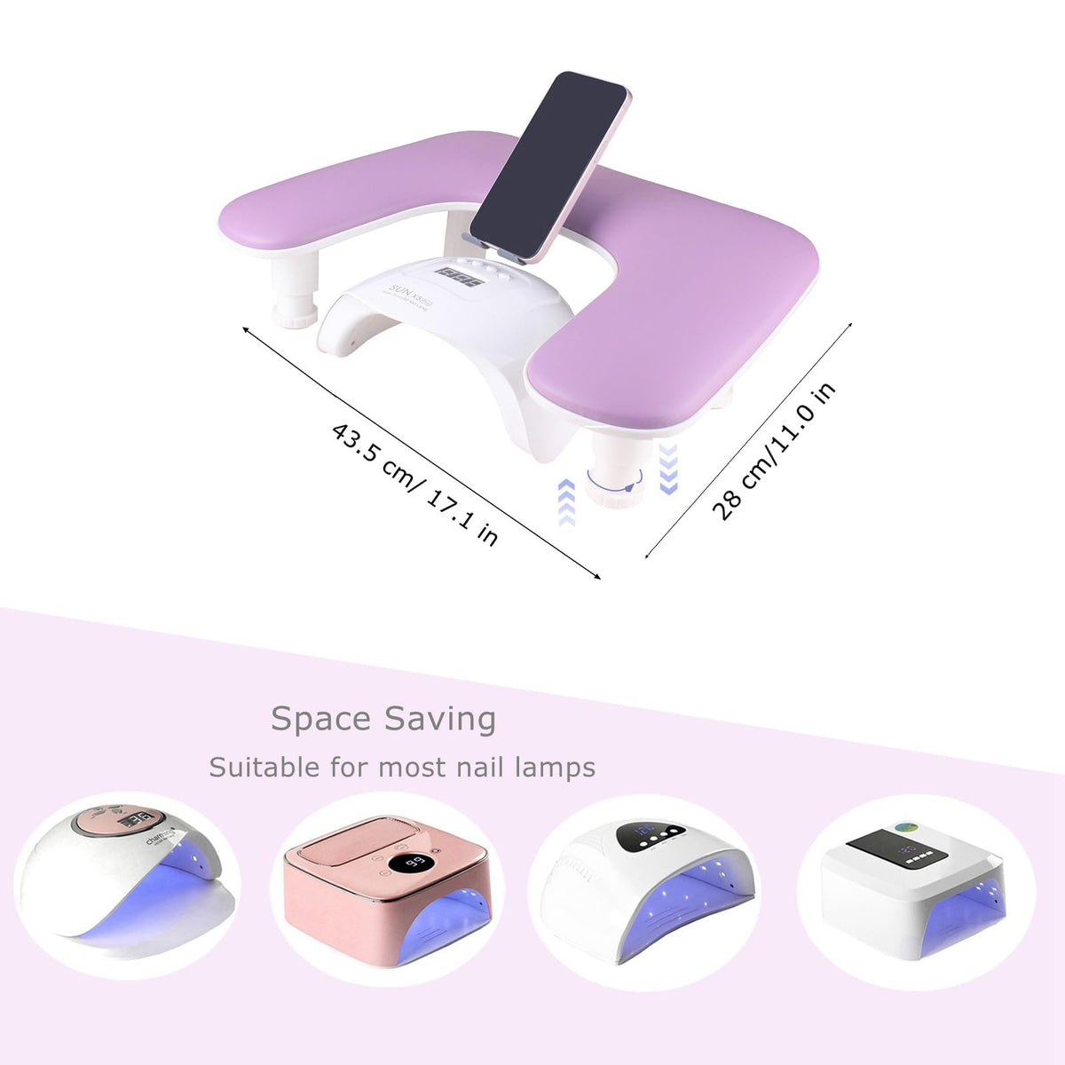Arm Rest for Nails Tech with Rotating Phone Holder, MZCMSL U - Shaped Adjustable Manicure Hand Rest Stand (Purple)
