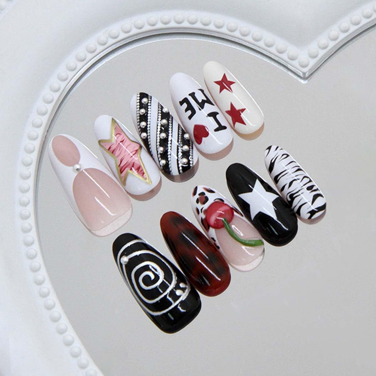 LINMEIZAI 24 Pcs French Tip Press on Nails Short Almond 3D Star Fake Nails Press ons Nail Tips Glue on Nails Y2K Acrylic Nail Kit with Black Swirl Design False Nails Spring Nail Art for Women