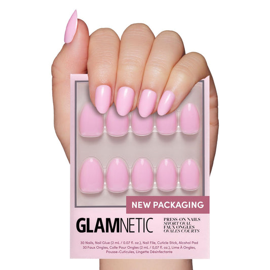 Glamnetic Press On Nails - Think Pink | Solid Opaque Light Pastel Pink Short Oval Fake Nails, Salon Quality | 15 Sizes - 30 Nail Kit with Glue