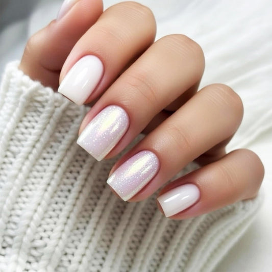 Purple Glitter Press on Nails, Medium Square Fake Nails with Iridescent Shimmer Design, Glossy White False Nail Reusable Glue on Artificial Nails for Women Daily Wear
