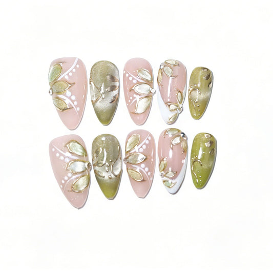 10Pcs Medium Almond Handmade Press On Nails | Easy Apply & Remove, Reusable Salon Quality Nails | Elegant Nude & Olive Green Cat-Eye Fake Nails with 3D Leaf & Gold Accents(5U10, M)